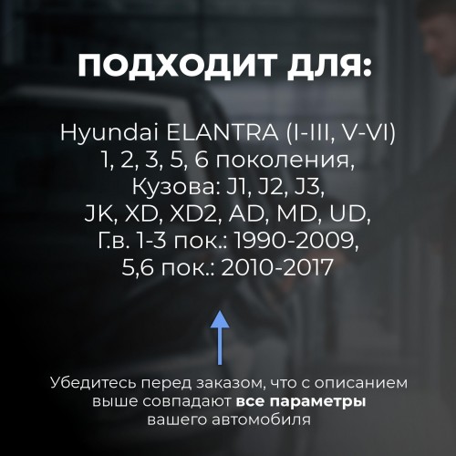 Hyundai ELANTRA (I-III, V-VI). Кузова: J1; J2; J3; JK; XD; XD2; AD; MD; UD 1-3 пок.: 1990-2009, 5, 6 пок.: 2010-2017 - на 4 двери Hyundai ELANTRA (I-III, V-VI). Кузова: J1; J2; J3; JK; XD; XD2; AD; MD; UD 1-3 пок.: 1990-2009, 5, 6 пок.: 2010-2017 - на 4 двери
